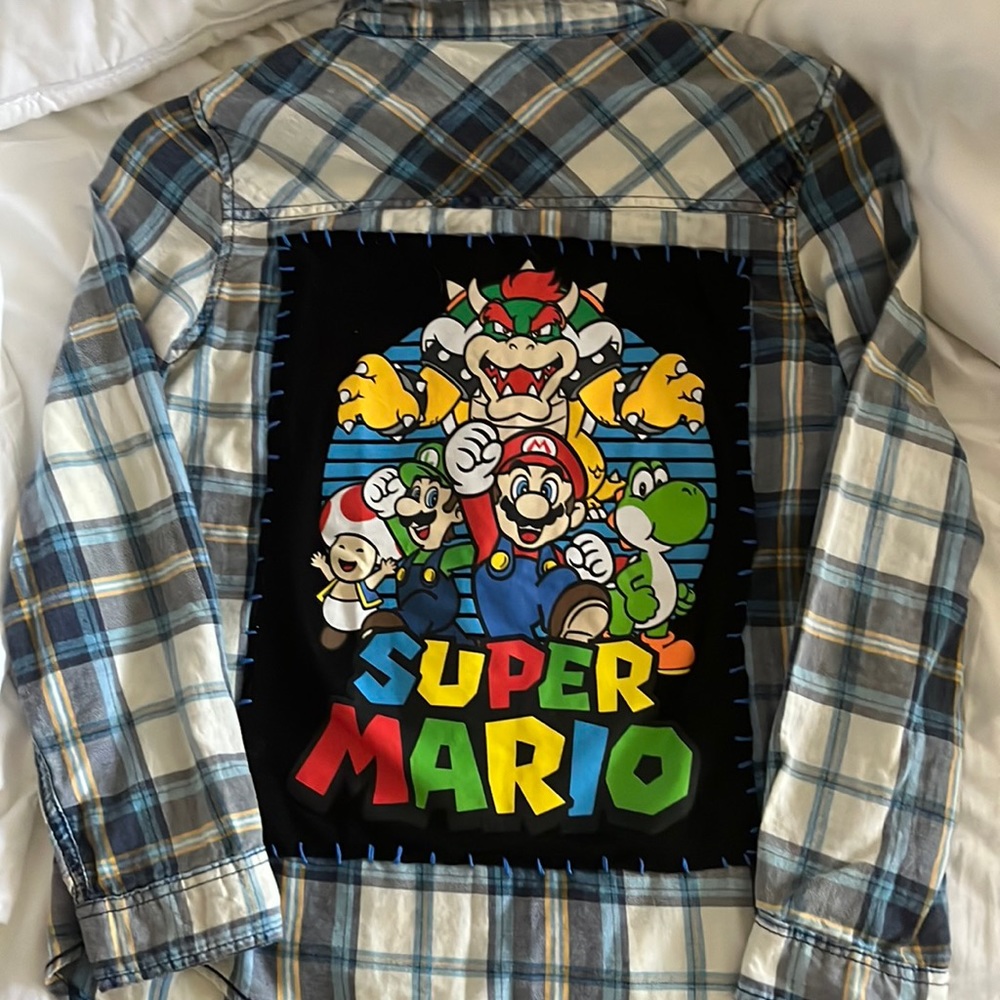 Super Mario hand stitched long sleeve Plaid shirt Blue White & Yellow